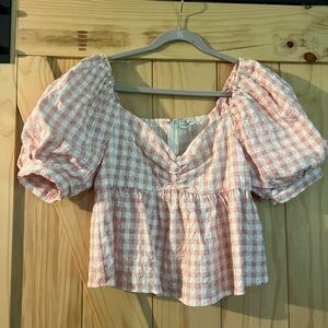Endless Rose pink white gingham floral embroidered bubble sleeve blouse top - M